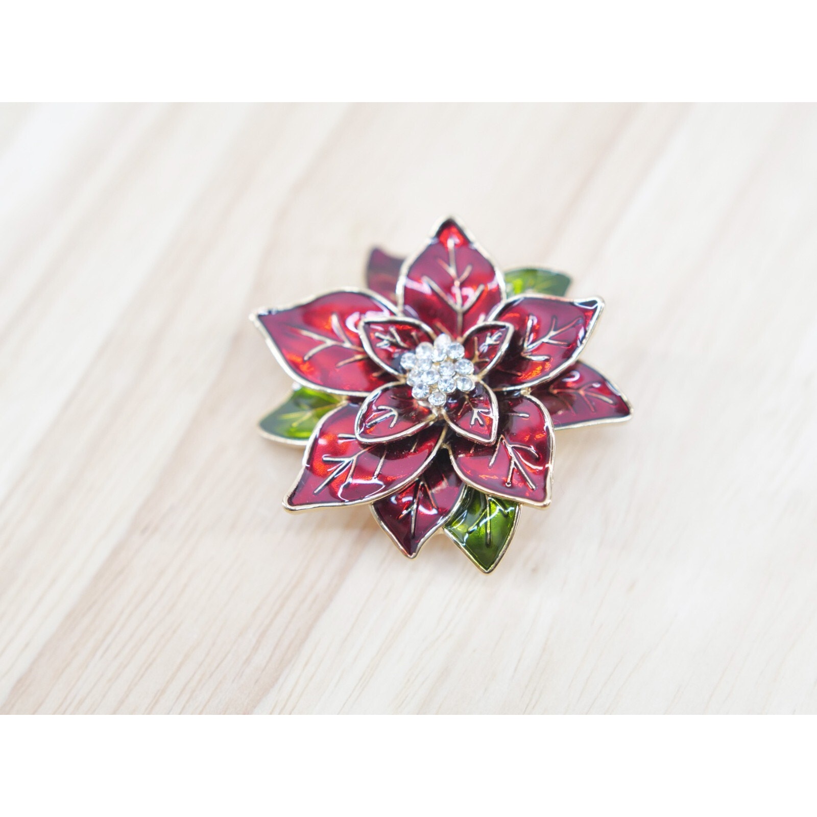 Poinsettia Flower Christmas Red Simulated Crystal Pin Brooch Dana Buchman 15$